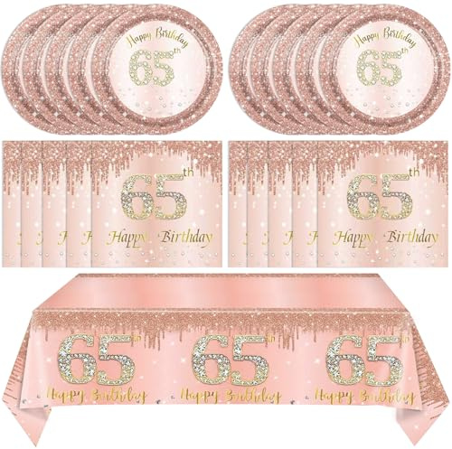 65th Birthday Decorations for Women,Rose Gold 65th Birthday Plates and Napkins,Tablecloth,65 Year Old Tableware Party Supplies Disposable Dinnerware Table Decor Favors for Women 1961 Party Supplies
