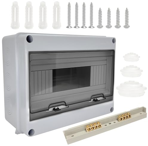 KELAV Quadro Elettrico Esterno 12 Moduli IP65, Scatola di Distribuzione da Parete in ABS con 7 Terminali e 3 Connettori, Impermeabile e Antiurto per Giardino, Esterni e Stazioni di Ricarica