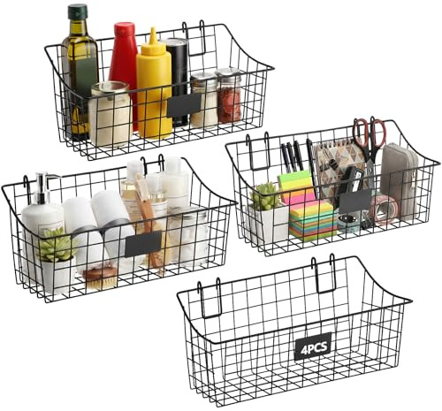 Otoolling 4 Pack Black Grid Wall Baskets with Hooks and Label 11.8 x 6 x 5.1 Inch Cabinet Hanging Metal Wall Mounted Bin Basket Wire Grid Baskets for Pantry Organization and Kitchen, Bathroom, Storage