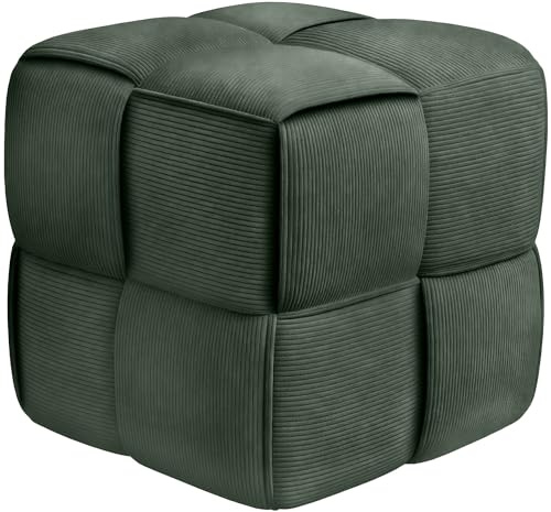 CLP Poggiapiedi Forinta in Velluto a Coste, Forma Quadrata Imbottita, Design Moderno Beige, Ideale per Soggiorno e Camera da Letto Colore Verde Scuro