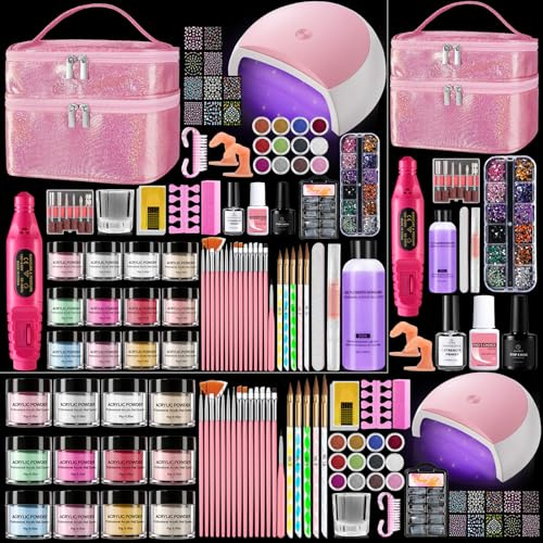 Yokilly Acrylic Nail Kit with Everything: 12 Colors Nail Acrylic Powders Liquid Set with Practice Finger Drill Lamp - Nail Starter Set for Beginners in Glitter Gift Bag for Women Salon Home (Pink)