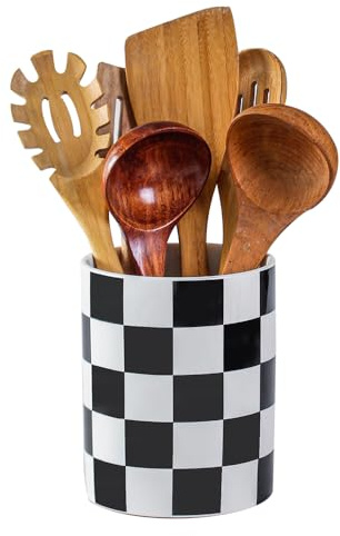 Joyramic Küchenutensilienhalter, 16 cm, kariert, Keramik, Küchenutensilienhalter, moderne Utensilientöpfe für Küche, Theke, Bauernhaus, Einweihungsgeschenk, Dekoration und Zubehör (Schwarz-Weiß, 16 cm