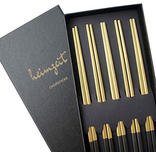heimzeit Essstäbchen aus hochwertigem Edelstahl in Schwarz-Gold, 5 Paar Stäbchen im stilvollen Design, Chopsticks spülmaschinenfest und wiederverwendbar