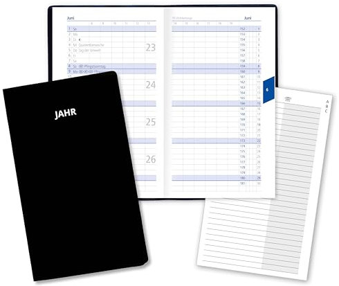 Taschenkalender für das Jahr 2026 Classica Kalender klein mit Monatsübersicht Sonn- und Feiertagen in Blau mit Adressheft PVC Einband in Schwarz