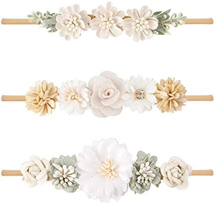 mligril Baby Girl Nylon Headbands Flower Hair Bows Accessories-Elastic Hair Band Crown Handmade FLoral Wraps Birthday Gifts for Girls Newborn Infant Toddler 3Pcs