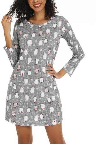 ENJOYNIGHT Chemise de Nuit Femme à Manches Longues Coton Robe de Nuit Imprimé Vêtements de Nuit (Medium,Pingouin)
