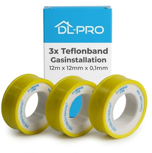 DL-pro 3x Teflonband für Gasinstallation, PTFE Gewindedichtband, kompatibel mit Gasleitungen, Gasherd-Anschluss, 12m x 12mm x 0,1mm