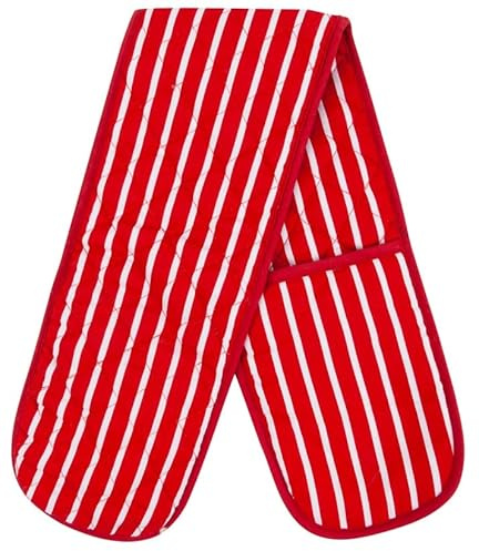 Red Oven Gloves for Kitchen Baking and Cooking, Professional Heavy Duty Butchers Stripe Double Oven Gloves for Pot Pan Tray, Red Heat Resistant Oven Gloves