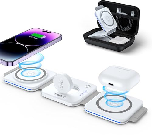 ZUMSEY 3 in 1 Faltbare kabellose Reiseladestation, Apple Ladestation Für Apple Watch und iPhone iPods, Wireless Charger für iPhone 16 15 14 13 12 Pro Max Plus/iWatch 10/9/Ultra/8/7/6/SE/5/4/3/AirPods