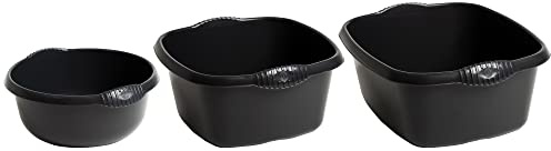 (Set of 3) Black Round Square Rectangular Plastic Bowl 5L+9L+12L Washing Up Bowl Mixing Bowl Washing Basin Sink Tidy Organiser Wash Tub