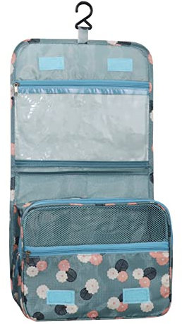 Kulturtasche zum Aufhängen, Faltbare Waschtasche Kosmetiktaschem, Faltbarer Reise Kulturbeutel mit Tragegriff, Waschtasche für Männer & Frauen (Blaue Blumen, L)