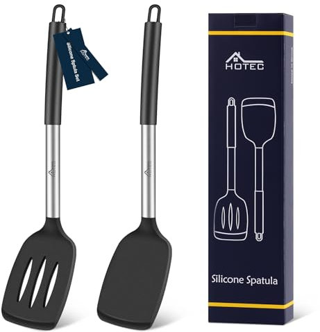 HOTEC Set di 2 spatole in silicone resistenti al calore fino a 315,6 °C e senza BPA, per saptulaTurner da cucina con manici in acciaio inossidabile, spatole scanalate e solide, per pentole
