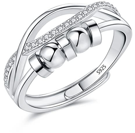 Kamise 925 Sterling Silber Anxiety Ring - Offen Einstellbar Anti-Stress Damen Ring, Unisex Unendlichkeit Fidget Spinner Stimmungsring Mit Perlen