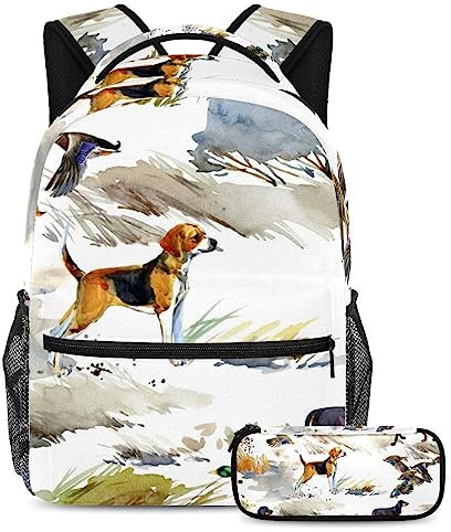 VAPOKF Schulranzen Set für Teen Mädchen Jungen, Student Büchertasche Rucksack mit Federmäppchen für Schule - Jagd Windhund Hund und Enten, multi, Einheitsgröße, Schulranzen-Sets