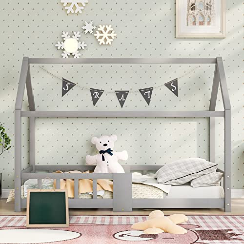 Moimhear Kinderbett Hausbett 90 x 200 cm, Holzbett für Kinderzimmer, inkl. Tafel|Lattenrosten|Rausfallschutz, aus Kiefernholz, (ohne Matratze) (Grau)