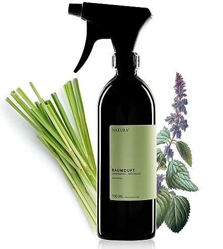 NAKURA® Duftspray und Lufterfrischer LEMONGRAS - PATCHOULI Bio 500 ml - Natürliches Raumduft Spray aus reinen ätherische Öle - Lufterfrischer Wohnung ohne Chemie - Naturreiner Lemongrass Raumduft