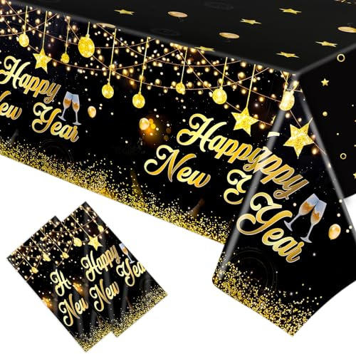 HOWAF 2 Tischdecke Silvester Deko 2027, Silvester Tischdecke Einweg-Kunststoff-Tischdecken, Happy New Year Rechteck Tischdecken für Neujahr Silvester Tischdeko, Happy New Year Deko 2027, Schwarzgold