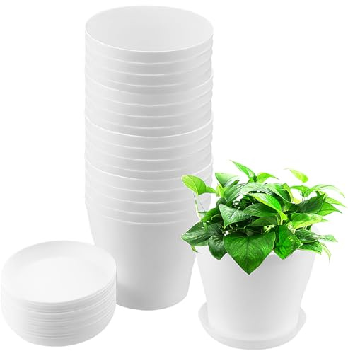 ZEONHAK 20 st 14 x 10 x 12 cm vita plastväxtkrukor, runda växtkrukor med 20 fat dräneringshål, blomkruka trädgårdsbehållare för växter inomhus utomhus