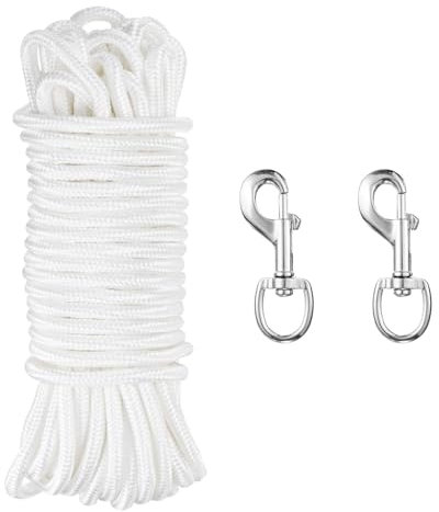 sourcing map 50Ft Flag Pole Rope Kit, Flag Pole Halyards Rope 5/16 Thick with 4 Pcs Zinc Alloy Swivel Flagpoles Clips Hook(Silver), Nylon Flagpole Line Rope White