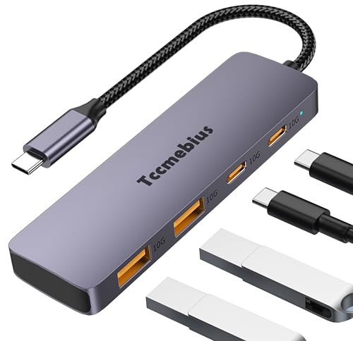 Tccmebius Hub USB C 10Gbps Aluminium, USB 3.2 Gen2 à 2 USB-C 2 USB-A Port Données, Type C Multi-Ports Adaptateur Pour iPhone 15 Plus Pro Max MacBook Pro/Air IPad Pro Surface Pro Galaxy S24 (TCC-T324U)