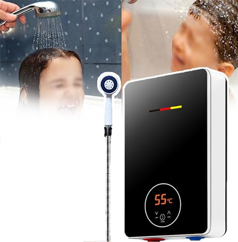 QIeAny Frequency Conversion Instant Hot Water Heater(6000W),Temperature Control (30~55℃),Overheating Protection,Touch Screen + Three-button Gear,With Shower Set,for Kitchen/shower,A,Black