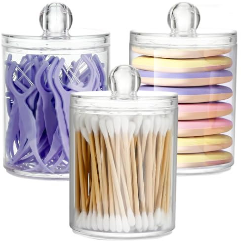 FEIBAMAOYI Porta tamponi di cotone, Porta cotton fioc 3 Pezzi Contenitori trasparente per cosmetici con coperchio，per Conservare cotone，Tamponi di cotone ，Dischetti struccanti (Transparent)