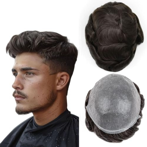 Ehairc Toupet für Männer 0.04-0.06mm Dünne Haut Doppelte Knoten Herren Toupet Langlebig 100% Human Hair System für Männer Perücke Basisgröße 8x10 Zoll 110% Dichte（2#）