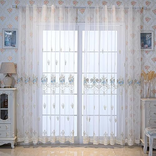 KEKUYA Voile Gardinen Transparent Ösenvorhang Wohnzimmer Schlafzimmer Luftig Dekoschal und Sonnenlichtfilterung 2er Set 229 x 229 cm(BxH) Blaue Blume