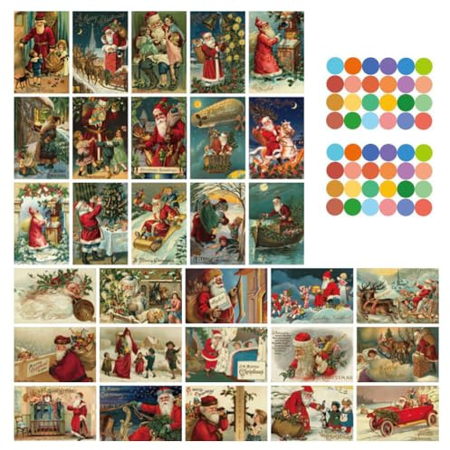 30 Stück Vintage-Weihnachtspostkarten mit 48 farbigen Punkt-Aufklebern, antikes Weihnachtsmann-Postkarten-Set, Frohe Weihnachten, Grußkarten für alle Anlässe, Neujahrsgeschenk