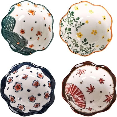 Tefrine Ceramic Flower Shape Dipping Bowls Set, Cute Plates for Sushi Sauce and Side Dishes, Perfect for Snacks BBQ and Appetizers