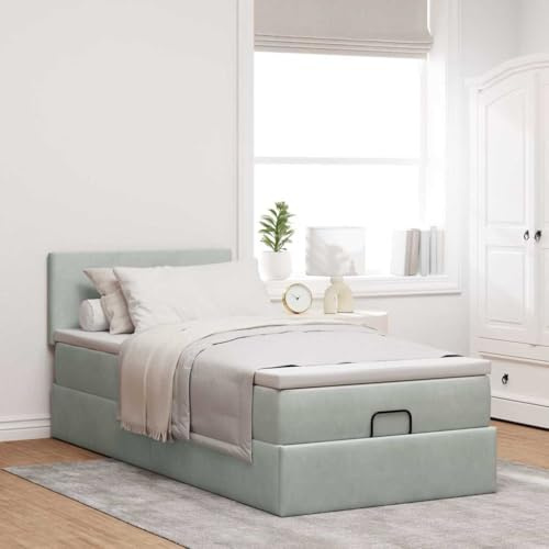IKAYAA Boxspringbett 90 x 190 cm mit Matratze,Topper & Kopfteil, Boxspringbett mit Bettkasten, Bett mit Matratze, Hydraulisch Stauraumbett 90 x 190 cm Polsterbett Hellgrau Ty214