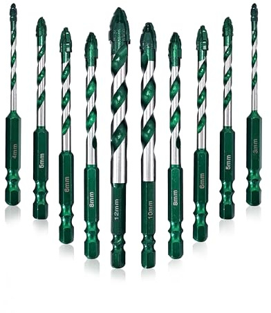 GVHAKG Sägezahnung Fliesenbohrer Exzenterbohrer Set 10tlg (3-12 mm) | Glasbohrer Set mit Kobalt，Keramikbohrer für Fliesen Beton Metall Ziegel Glas Kunststoff Holz