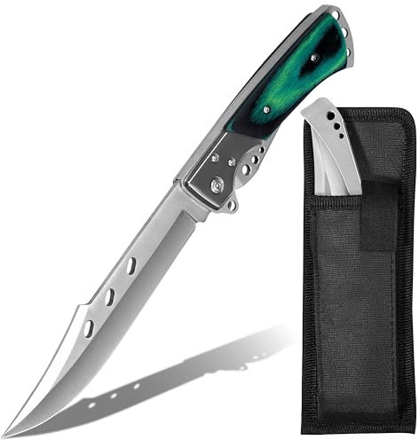 Plys Klappmesser Groß 14cm Scharfes Taschenmesser: Holzgriff Outdoor Messer mit Aufbewahrungstasche 440c Stahl Jagdmesser Grün