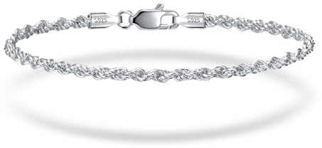 S925 Sterling Silver Rope Chain Bracelets for Men&Woman 2.5mm Solid Stacking Mens Bracelet Trendy Hip-hop Fashion Gift for Boyfriend/Girlfriend Jewelry,Waterproof/Hypoallergenic/Non Tarnish/Durable