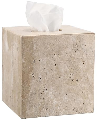 SUMTree Boîte à Mouchoir en Travertin Distributeur Carré, 14x14x15cm | Pas de Fond, antidérapante, élégante, Porte-Papier Décoratif, Pour Salle de Bain, Salon, Chambre, Jardin