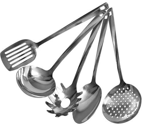 Fackelmann Set di utensili da cucina 5 pezzi, mestoli in acciaio inossidabile, utensili lavabili in lavastoviglie, mestoli da cucina resistenti al calore