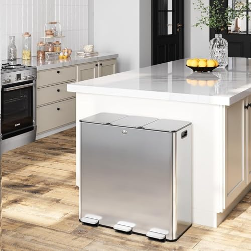LALFPET Trash Can 90 L/23.8 gal,Three-Compartment Pedal Stainless Steel Kitchen Recycling Trash Can with Odor Seal, Hands-Free Foot Operated Waste Bin for Home, Office, Restaurant, School, Hospital