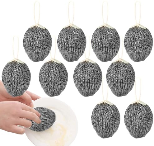 Esponjas de lana de acero inoxidable, juego de 10 esponjas metálicas para limpieza de ollas y estufas, esponjas recurantes para hornos rejillas y estantes