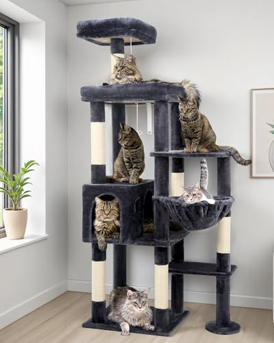 Globlazer Kratzbaum Stabil mit Mehrere Liegebereich für 2/3 Katzen F65B | Eckkratzbaum grosse katzen stabil mit Katzenhaus Plattform, Einfach zu montieren Katzenbaum für Groß Katzen Innenbereich