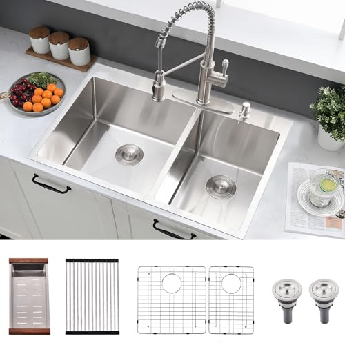 BWXIAOC 33x22 Inch Double Bowl Kitchen Sink Drop In - 16 Gauge Stainless Steel Top Mount Drop In Sink, 60/40 Split, Durable for Home Kitchen