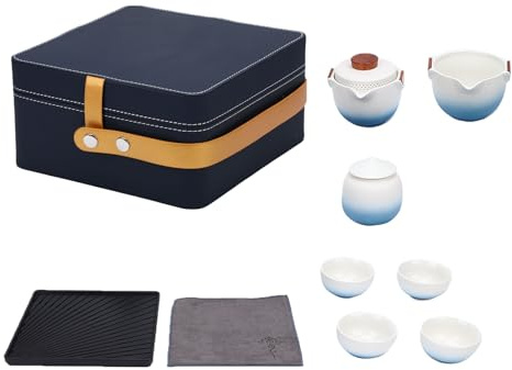 Jiawu Ensemble de Théière Portable, Service à thé Kung Fu Portable, Service à thé en Céramique, Mini Théière de Voyage avec Tasses, Sac de Voyage Tout-en-Un pour Voyage, Camping,