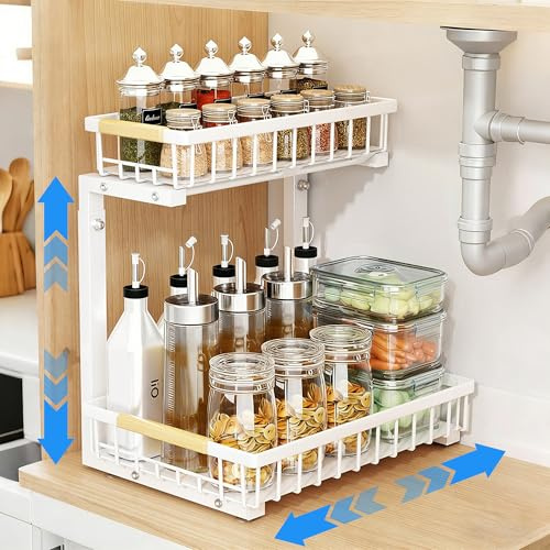Extra Wide Under Sink Organiser 2 Tier Pull Out - Adjustable Height Sliding Cabinet Shelf for Kitchen Bathroom Cupboard - Heavy Duty Metal Storage Rack with Anti-Slip Base, 1 Pack - White