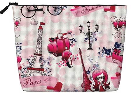 Paris Eiffel Tower France Water Resistant Pouch Women's Organizer, Fake Hemp Makeup Bag Large Cosmetic Travel Case