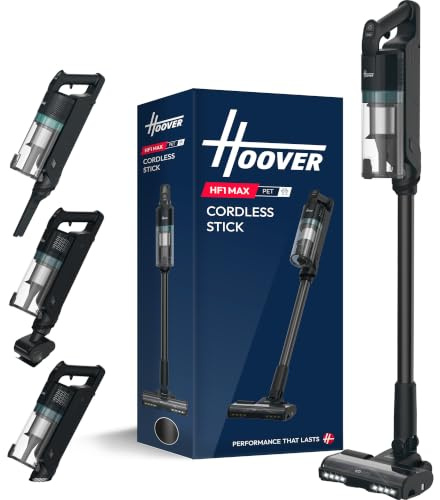 Hoover HF1Max Pet Cordless Vacuum Cleaner Stick, 50min Runtime [XUKF1CP] | Rechargeable Baggless Vacuum, 200W motor, Anti-Hair Wrap, Double Edge cleaning, QuickPark, LED Headlight, With Pet Brush