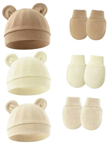 3-teiliges Baby Mützen und Fäustlingsset 0–6 Monate, Reine Baumwolle weich gestrickt Kratzfest Sonnenschutz Baby Kleinkindmütze für Mädchen und Jungen Unisex handwaschbar weich und niedlich