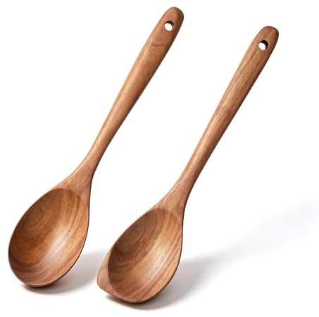 CheurYae Lot de 2 cuillères en bois de teck naturel, cuillères d'angle et rondes, 32,5 cm, résistantes à la chaleur, antiadhésives, pour cuisiner et toucher les salades