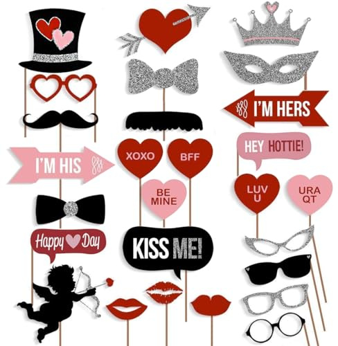 Valentine's Day Photo Booth Props Mustache on Stick Heart Angel with Sticks for Valentine's Day Wedding Bridal Party Supplies