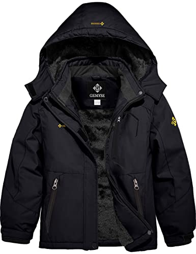GEMYSE Vattentät skidjacka för flickor, av vindtät fleece, vinterjacka/regnjacka med huva för utomhus, svart, 140/146 cm