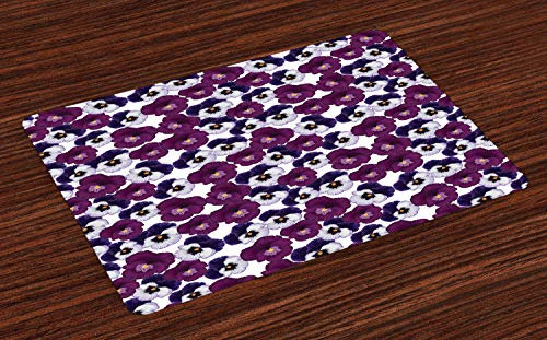 ABAKUHAUS Stiefmütterchen Platzmatten, Frühlings-lila Blüten Kunst, Untersetzer aus Waschbaren Stoff Tischdekoration mit Druck, Multicolor und Weiß