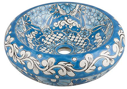 Lorena - Mexican Round Countertop Washbasin, 40 cm Ceramic Talavera Washbasin from Mexico, Colourful Decorative Motifs, Ideal Bathroom with Wood Look Tiles, Cement Tiles, Rustic Base Cabinet